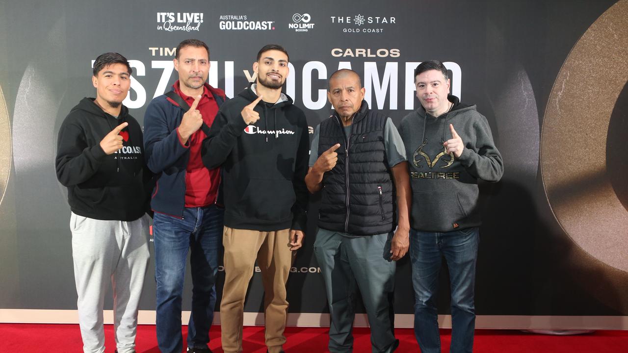 Tim Tszyu v Carlos Ocampo fight launch party, Nineteen at the Star, Broadbeach (L-R) are Rafael Guzman Jr, Alberto Ocampo, Carlos Ocampo, Rafael Guzman Sr. and Conrrado Guerrero. Picture by Richard Gosling