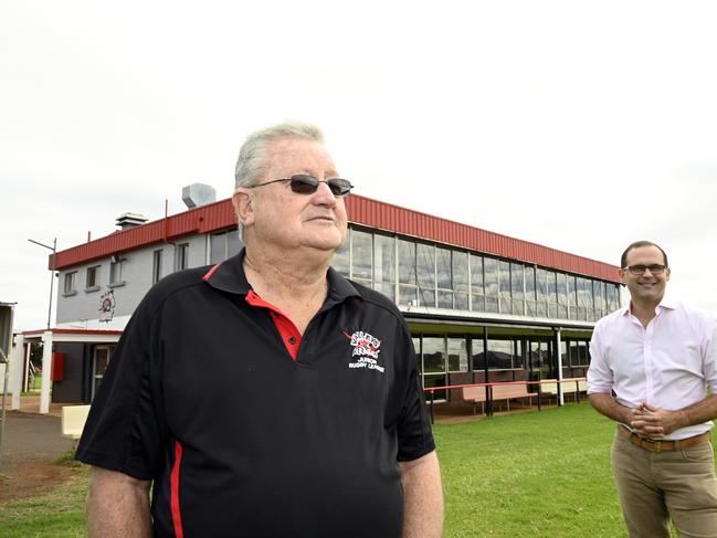 Garry Tallon secretary Valleys Juniors and Toowoomba South MP David Janetzki, Valleys Junior Rugby Leage receives sport grant. Picture: Bev Lacey