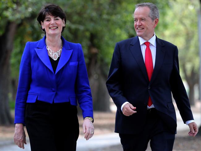 22/03/2019 Opposition leader Bill Shorten with Labor candidate for Higgins Fiona McLeod in a Malvern park.picture : David Geraghty / The Australian.