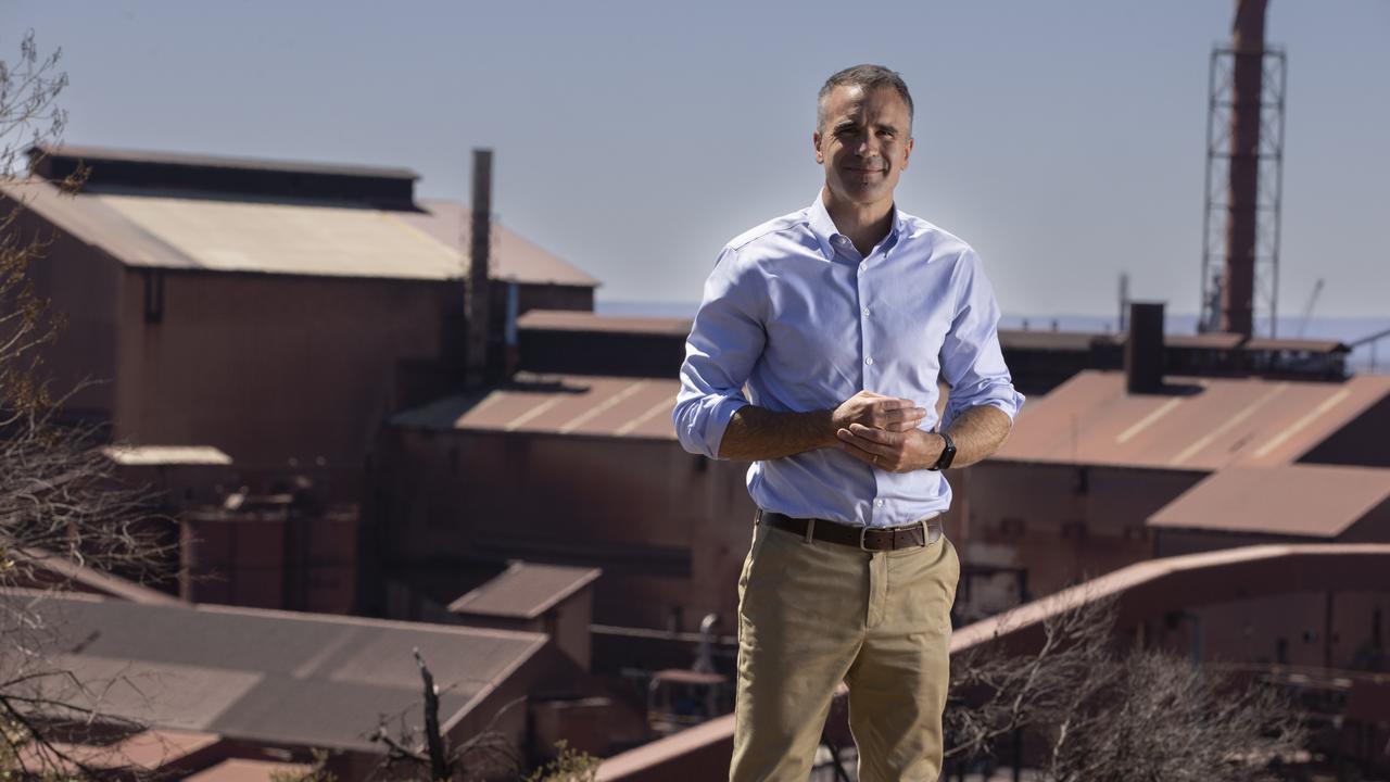 SA Premier Peter Malinauskas stands on Hummock Hill Lookout in Whyalla, overlooking Whyalla Steelworks. Picture: Brett Hartwig