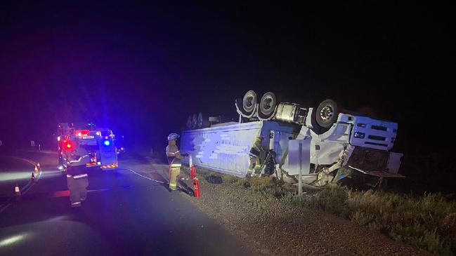 Refrigerator truck rolls at Murray Bridge South on Friday January 5. Picture: SAPOL