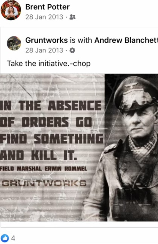 Now deleted social media post from NT Police Minister Brent Potter, quoting Nazi general Erwin Rommel.