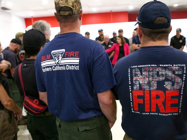 Firefighters from the North America arrive at Melbourne airport to assist local crews with ongoing fires burning across Victoria. Picture: Ian Currie