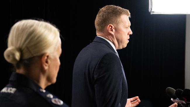 Police Minister Joe Szakacs speaking with acting Police Commissioner Linda Williams. Picture: NCA NewsWire / Morgan Sette