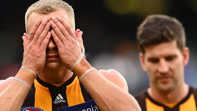 MELBOURNE, AUSTRALIA - MAY 09: James Worpel of the Hawks looks dejected after losing the round eight AFL match between the Hawthorn Hawks and the West Coast Eagles at Melbourne Cricket Ground on May 09, 2021 in Melbourne, Australia. (Photo by Quinn Rooney/Getty Images)