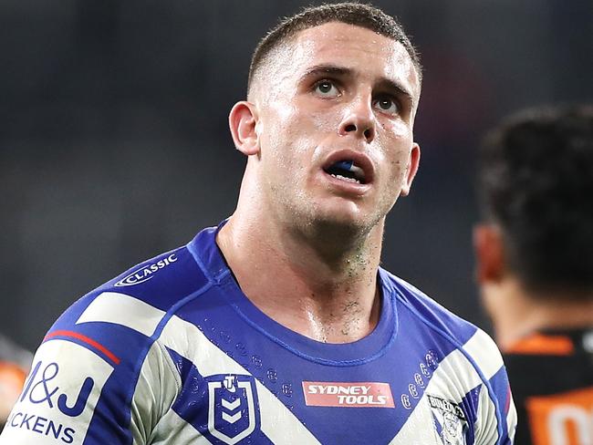 SYDNEY, AUSTRALIA - JUNE 28: Adam Elliott of the Bulldogs looks dejected after a Tigers try during the round seven NRL match between the Canterbury Bulldogs and the Wests Tigers at Bankwest Stadium on June 28, 2020 in Sydney, Australia. (Photo by Mark Kolbe/Getty Images)