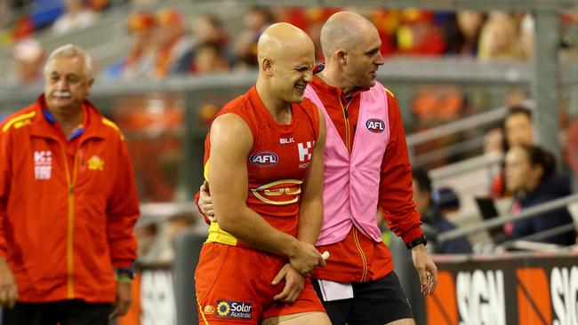 Gary Ablett comes off injured during the Round 16 AFL Q-Clash between the Gold Coast Suns and Brisbane Lions at Metricon Stadium. Picture: Adam Head