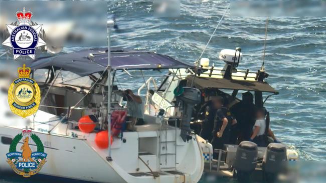 Authorities arrest fugitive Hussein Chamas and two other people aboard a yacht in the Arafura Sea, off the NT coast, on January 26, 2025. Picture: AFP