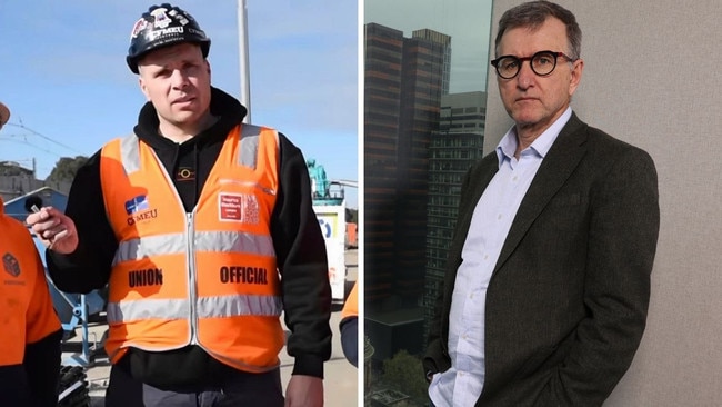 Joel Shackleton, left, in a union video and CFMEU administrator Mark Irving.