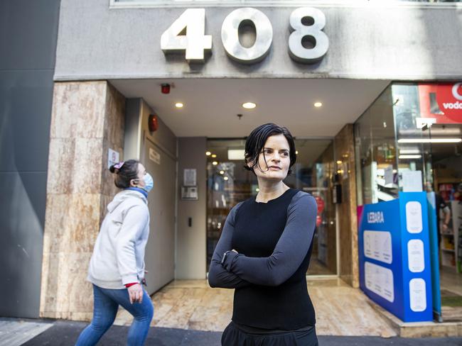 02/06/2021 Sarah Paparo is a resident at 408 Lonsdale St. She's irate that residents at her apartment building are being exposed to medical waste, dirty linen and staff from the neighbouring Novotel quarantine hotel. Aaron Francis/The Australian