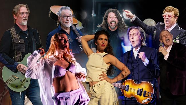 Artists featured in the 'best of 2023 music' wrap by The Australian's national music writer, Andrew McMillen. Clockwise from left: Josh Homme (Queens of the Stone Age), John Williamson, Dave Grohl (Foo Fighters), Elton John, John Farnham, Paul McCartney, Fanny Lumsden and Lorde.