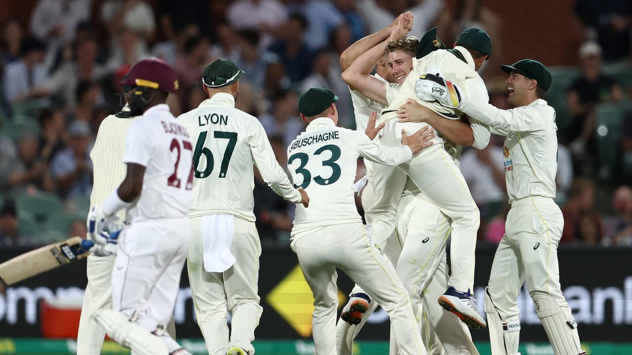 Green, mobbed by his teammates in Adelaide, has been battling hamstring soreness. Picture: Matt King/Getty Images