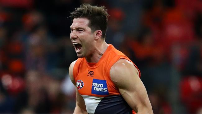 Toby Greene celebrates a goal against Collingwood on Saturday. Picture: Getty Images