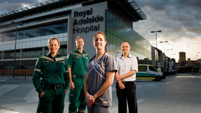 Megan Syveretsen and Andrew Dunn from the SA Ambulance Service, Emergency and Retrieval physician Julianne Schliebs with Clinical Nurse Consultant Ben Cahill at the new Royal Adelaide Hospital. Picture: Matt Turner.