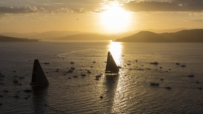 Wild Oats XI at the finish of the 2017 Sydney to Hobart. Pic: Andrea Francolini.