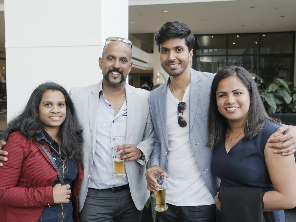 Remya Jithin, left, Amal Chandran, Jimmy Mathew and Priya Bijoy, all of Kingston, at the Grand Chancellor Hotel for the UTAS graduation ceremonies. Picture: MATHEW FARRELL