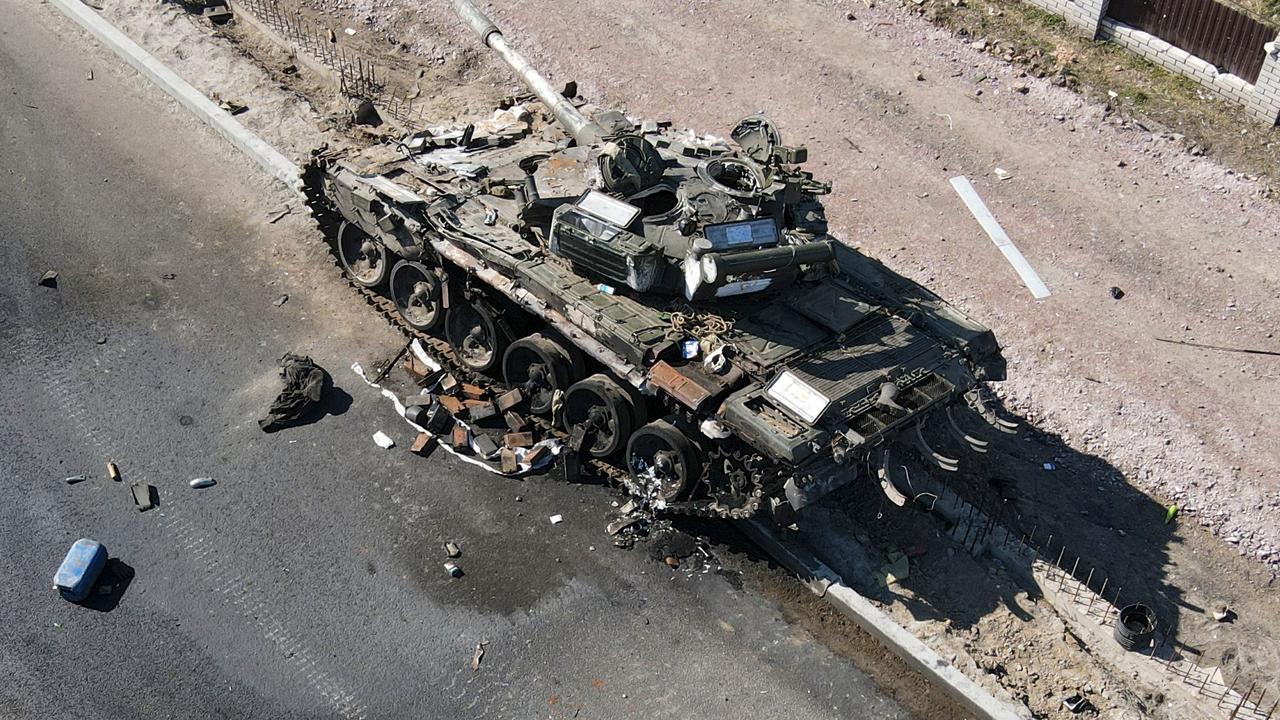 A charred Russian tank on the front line in the Kyiv region. Picture: Press service of the Ukrainian Ground Forces / AFP