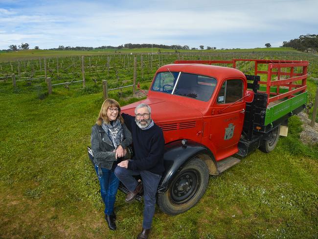 James Halliday wine award 2020.Stephen and Prue Henschke, they own and run Henschke wines. Henschke has been awarded best winery in the James Halliday wine awards. Pictured with the Henschke truck, vineyard  and barrel room.28 July 2020 Pic Roy Van Der Vegt