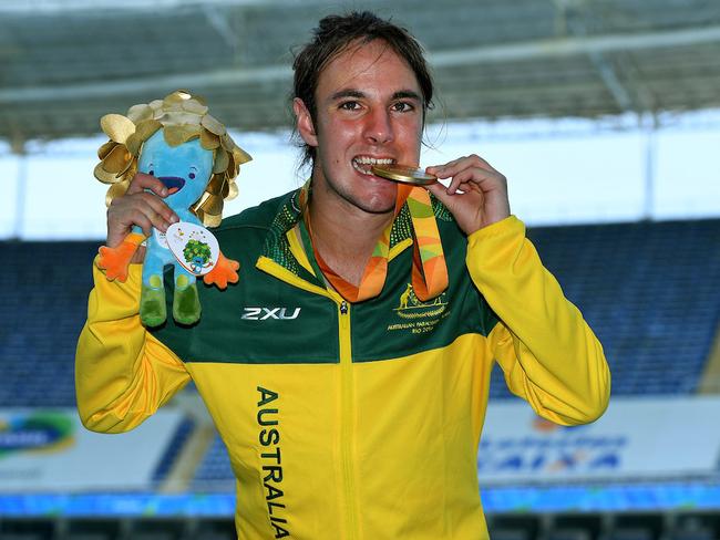 Brayden Davidson with his T36 long-jump gold medal at the Rio Paralympics. Picture: Jeff Crow