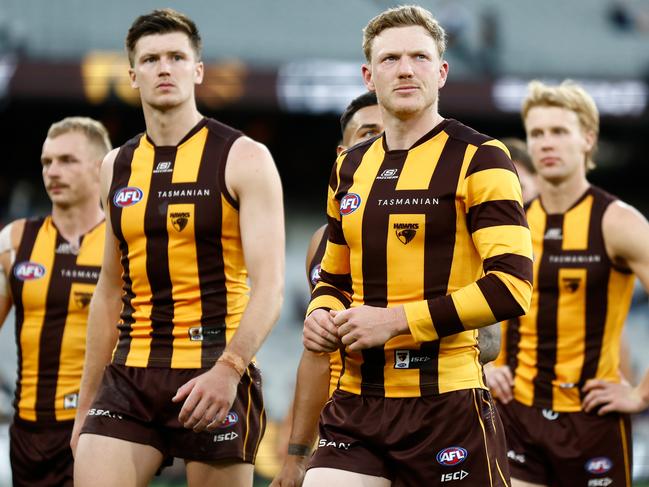 The Hawks leave the field after a loss. Picture: Getty Images