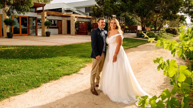 Chad Rothe and Louise Harris at Lake Breeze Wines in Langhorne Creek, where they will marry on February 13. Picture: Morgan Sette