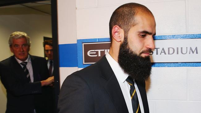 MELBOURNE, AUSTRALIA — JUNE 27: Bachar Houli of the Richmond Tigers leaves the AFL tribunal on receiving a two week suspension for striking Jed Lamb of Carlton on June 27, 2017 in Melbourne, Australia. (Photo by Michael Dodge/Getty Images)