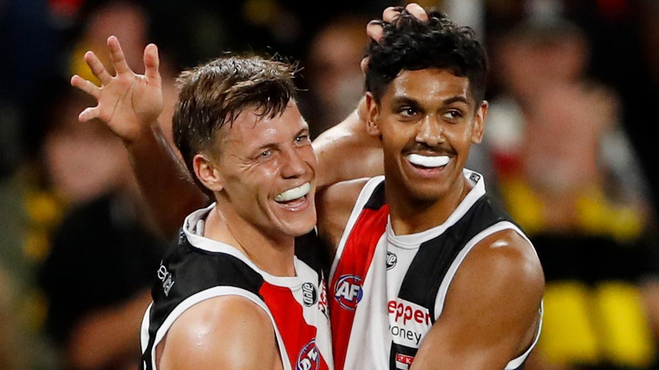 Jack Hayes celebrate a goal with Nasiah Wanganeen-Milera, the Saints’ top draft pick last year. Picture: Dylan Burns/AFL Photos