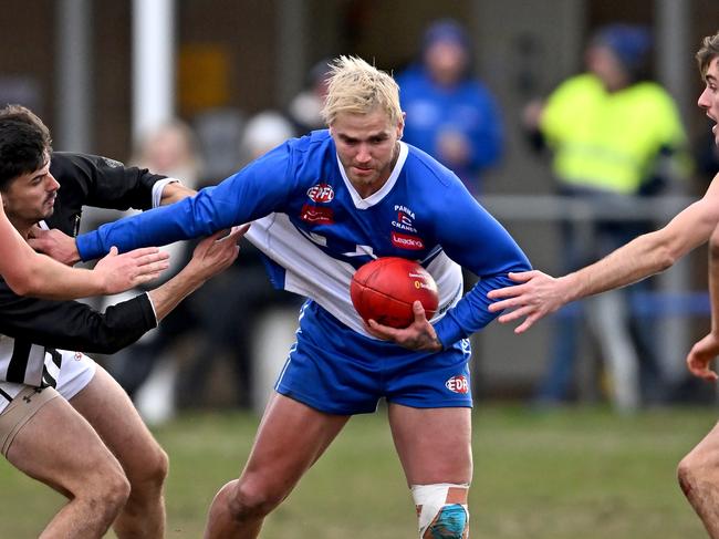 SunburyÃs Nathan Carroll during the EDFL football match between Sunbury Kangaroos and Moonee Valley in Sunbury, Saturday, July 23, 2022. Picture: Andy Brownbill