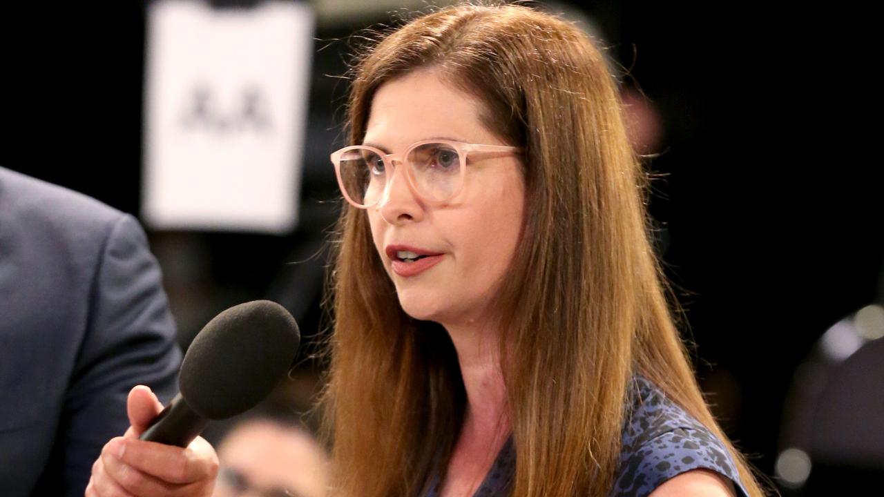 Catherine asking a question about NDIS funding, at the People's Forum in Brisbane. Picture: Steve Pohlner