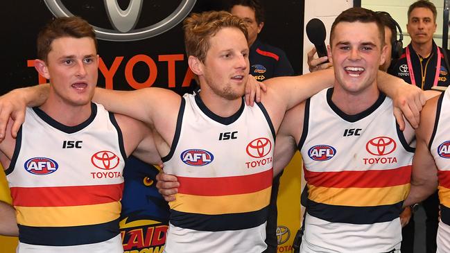 Matt Crouch, Rory Sloane and Brad Crouch are the faces of the Adelaide midfield. Pic: Getty Images