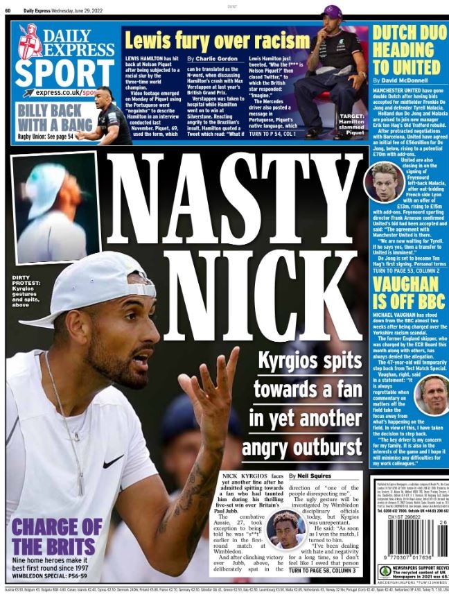 Nick Kyrgios English back pages