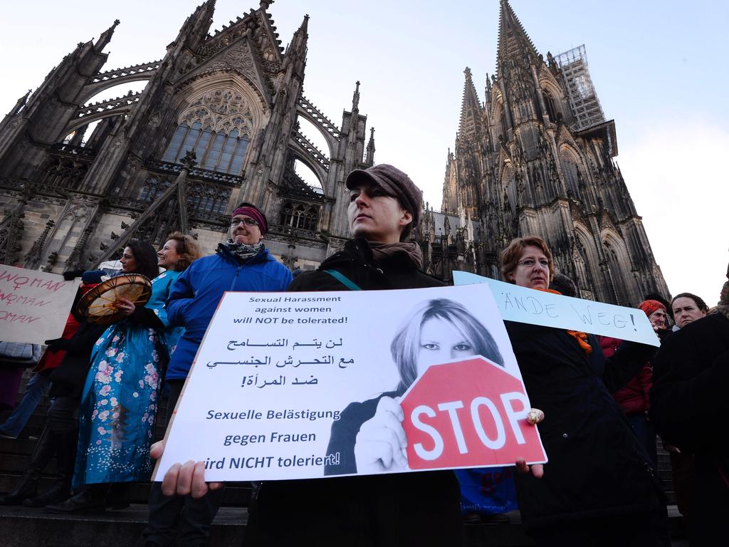 Protesters in Cologne, 2016, after mass sexual assaults. Picture: Roberto Pfeil/AFP