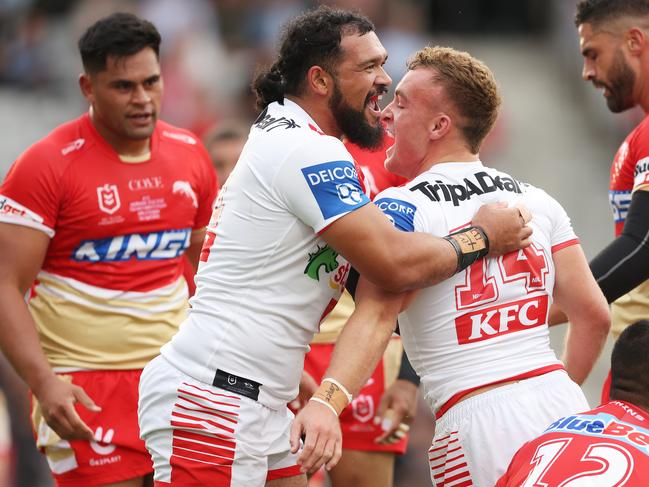 WOLLONGONG, AUSTRALIA - APRIL 01:  Jacob Liddle of the Dragons celebrates scoring a try during the round five NRL match between St George Illawarra Dragons and Dolphins at WIN Stadium on April 01, 2023 in Wollongong, Australia. (Photo by Mark Metcalfe/Getty Images)