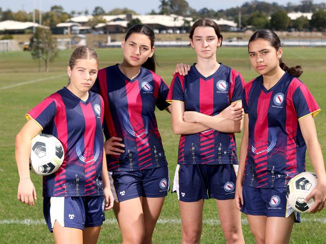 L to R: Lily Punch 14yrs*, Arianna Skeers 17yrs, Eve Lee 17yrs, Grace Kuilamu 16yrs* (*Young Matildas), the government has announced $200m injection for girls' sport, female students from Brisbane State High canÃt not use the school's sporting fields because of a lack of changing facilities, on Thursday 24th August 2023 - Photo Steve Pohlner