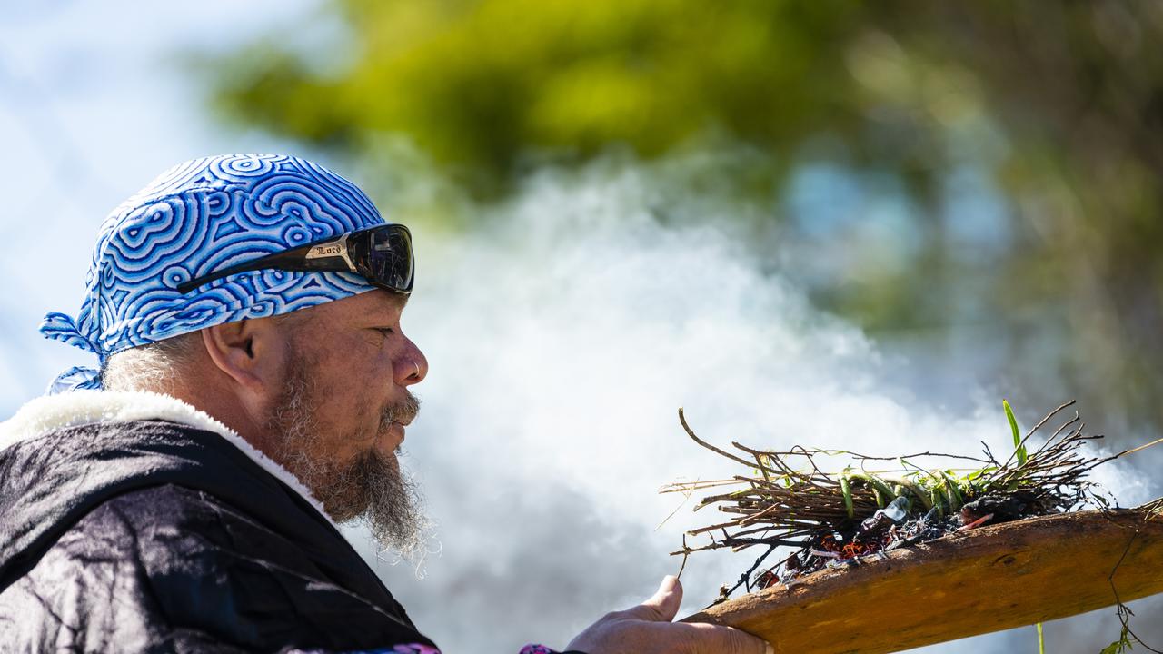 Jarowair Wakka Wakka man Conrad Bauwens conducts a Smoking Ceremony at the NAIDOC arts and craft market at Grand Central, Saturday, July 9, 2022. Picture: Kevin Farmer