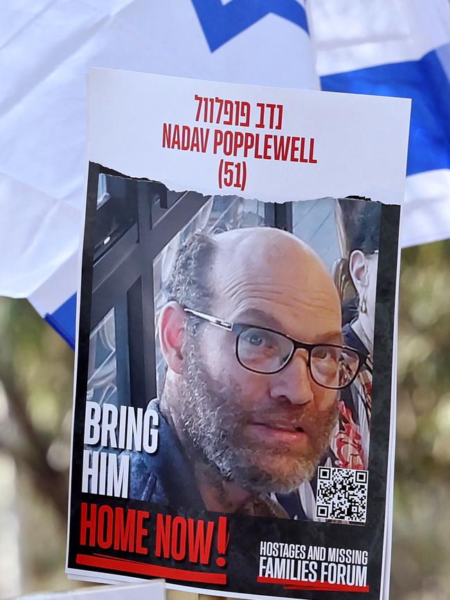 A poster of hostage Nadav Popplewell. Picture: AFP