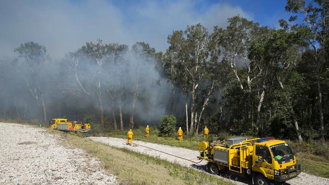 The Peregian Springs blaze comes after fire crews battled a massive bushfire just south of Caloundra. Picture: Lachie Millard