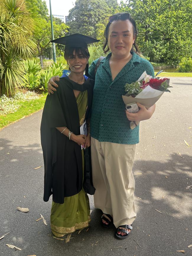 Harshita Royal (Master of Journalism) and Filment Ho at the University of Melbourne graduations held at the Royal Exhibition Building on Monday, December 16, 2024. Picture: Jack Colantuono