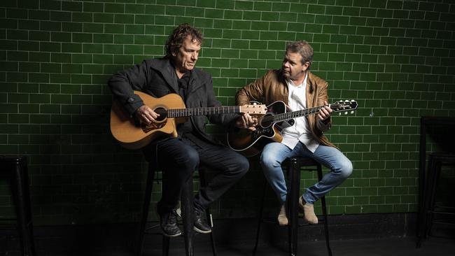 Moss and Cassar-Daley tuning up inside The Triffid, Brisbane. Picture: Russell Shakespeare