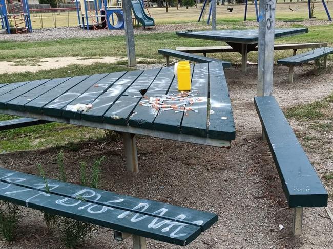 The syringes found were put into a pile on one of the park’s tables. Picture: Facebook