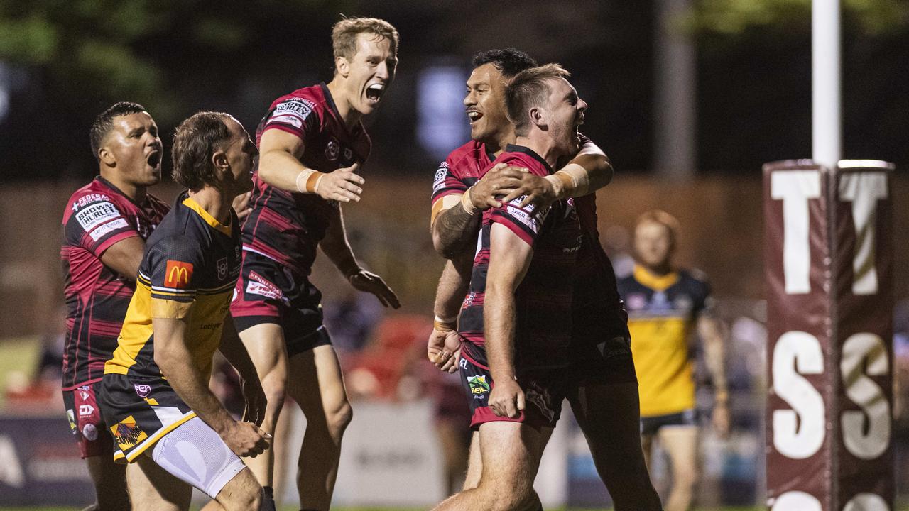 Todd White celebrates his try for Valleys against Gatton in TRL Hutchinson Builders A-grade grand final rugby league at Toowoomba Sports Ground, Saturday, September 14, 2024. Picture: Kevin Farmer