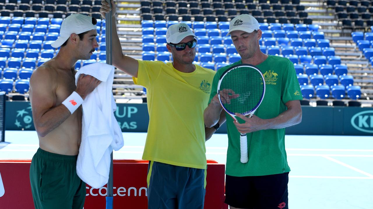 Australian Davis Cup tennis coach Lleyton Hewitt with players Jordan Thompson and (r) John Millman at Memorial Drive. Picture: Tricia Watkinson