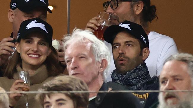 Actress Natalie Portman and her husband Benjamin Millepied enjoyed a glass of bubbly during the match. Picture: Cameron Spencer/Getty Images