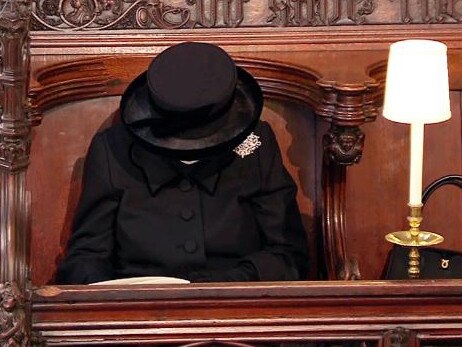 The Queen bows her head during Prince Philip's funeral. Picture: Getty