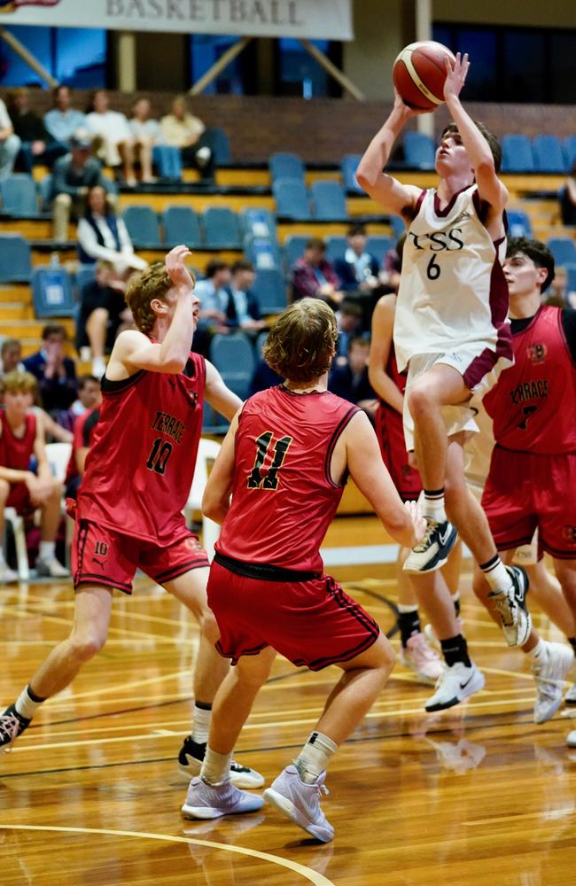 Jack Tweedy drives. GPS First V Basketball round one action between Gregory Terrace and The Southport School. Picture courtesy of Heidi Brinsmead.