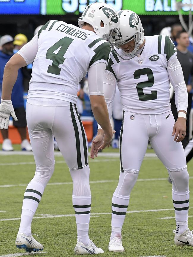 New York Jets kicker Jason Myers celebrates with Lachie Edwards.