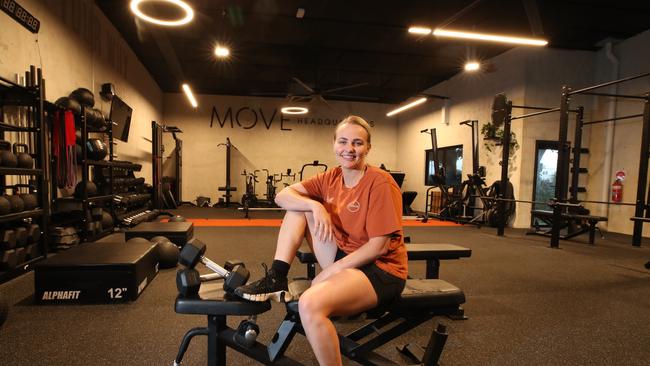 Paige Johnston in her Move Headquarters gym at Currumbin. Paige is passionate about movement for physical and mental health and founded Move Headquarters with her husband PJ. Picture Glenn Hampson