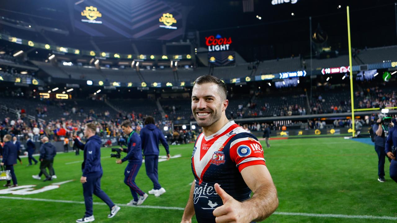 James Tedesco. LAS VEGAS, NEVADA - MARCH 02: Allegiant Stadium round one, NRL match between Roosters and Broncos at Allegiant Stadium, on March 02, 2024, in Las Vegas, Nevada. Picture: Todd Martyn-Jones