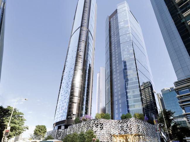 An artist's impression of the Brisbane Quarter from the corner of George and Adelaide streets, showcasing residential building on the left, office tower on the right, and W hotel in the background.