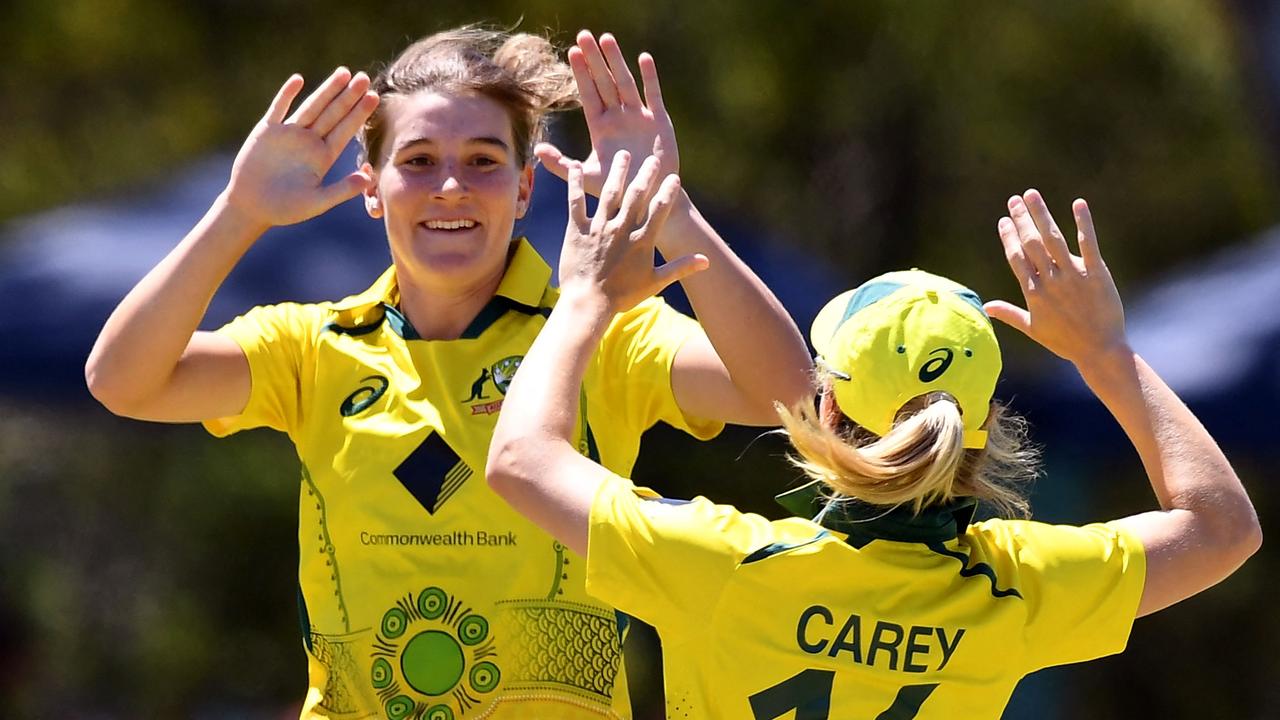 Annabel Sutherland and Nicola Carey celebrate a wicket during the multi-format Ashes. Picture: William West / AFP